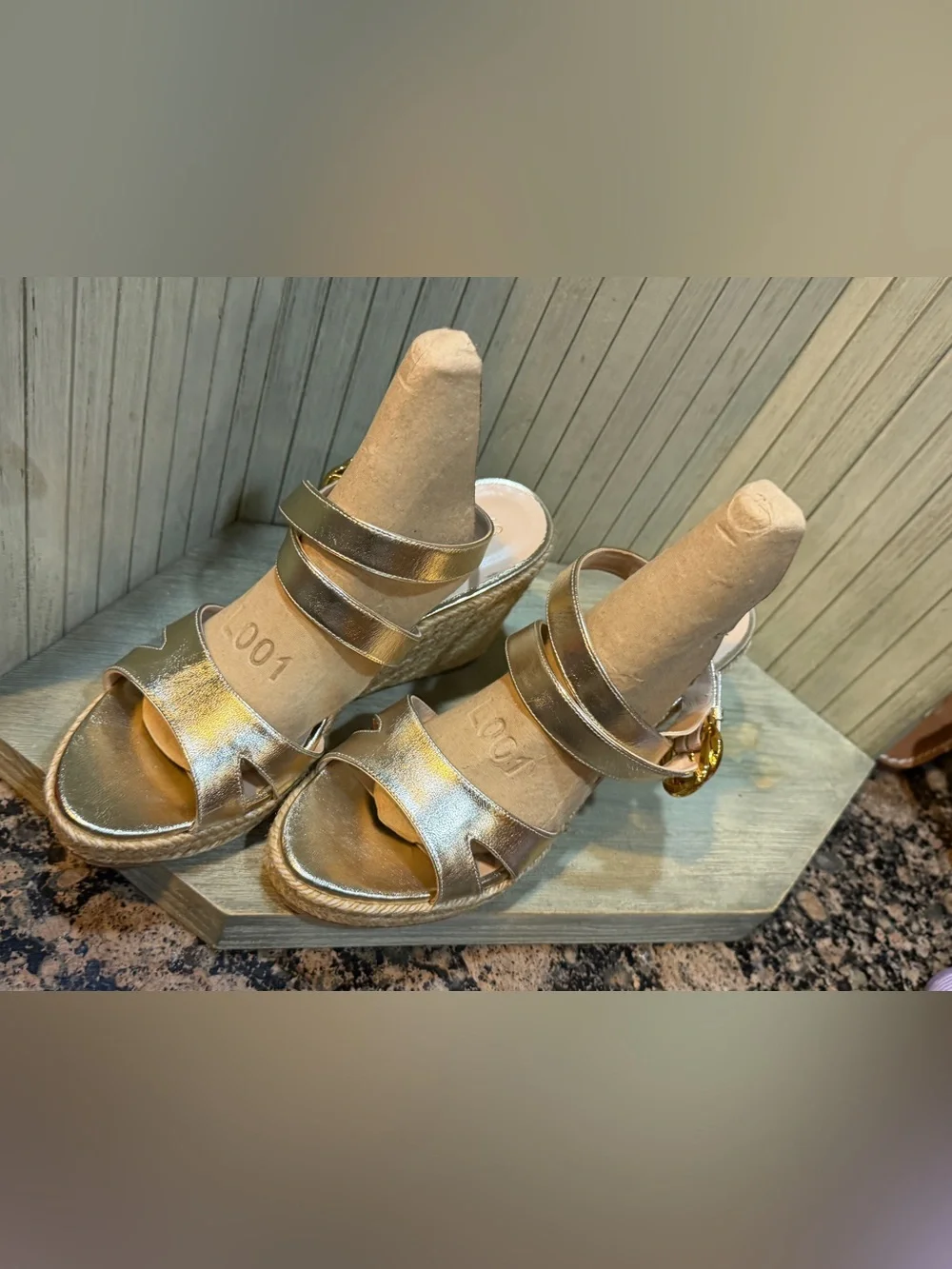 New Stuart Weitzman Metallic Gold Wedge Sandals with Espadrille Platform 10 - Picture 5 of 13